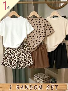 (1Random SET)Girls' Fashion Cute Leopard Pattern Heart Butterfly Kawaii Rabbit Bear Pattern Casual Basic T-Shirt And Shorts Set - Multicolor - View 2