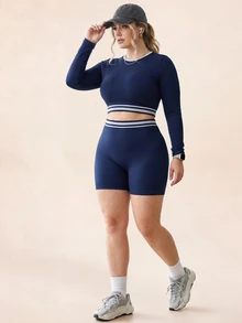 SHEIN Rhythm Era Plus Size Cropped Top And Shorts Sports Set Sports Gym Navy Blue Autumn - Navy Blue - View 4