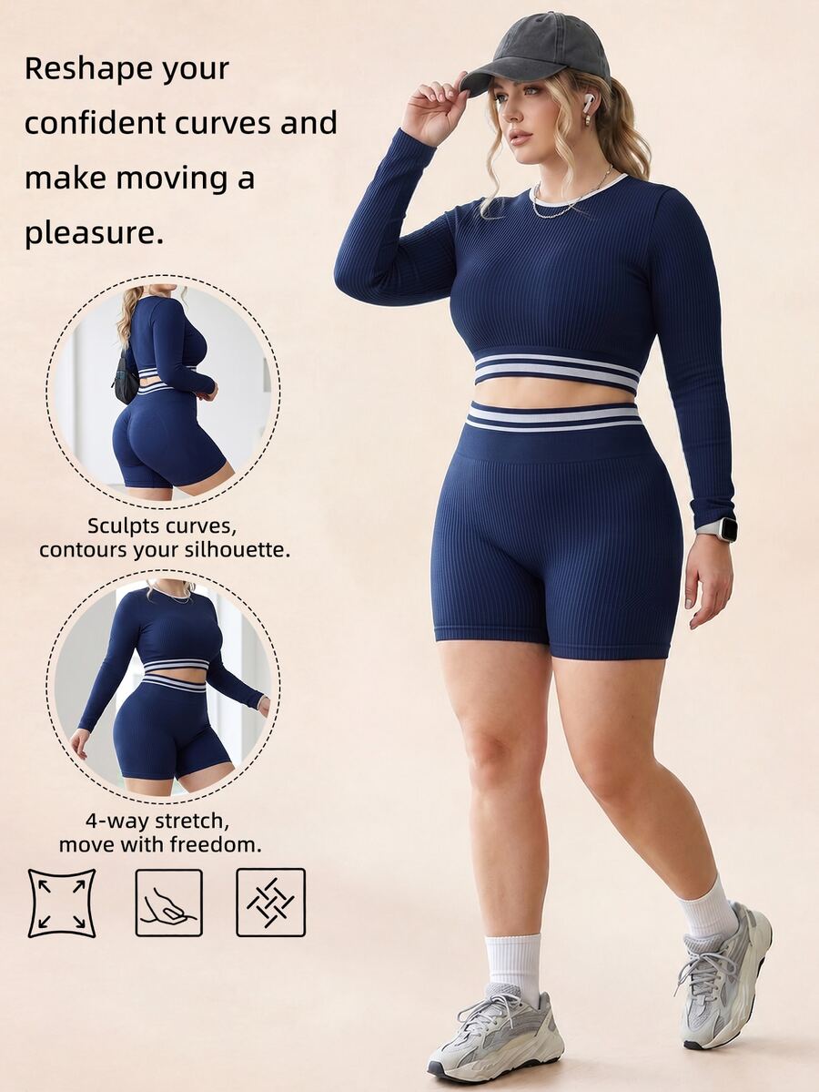 SHEIN Rhythm Era Plus Size Cropped Top And Shorts Sports Set Sports Gym Navy Blue Autumn - Navy Blue - View 1