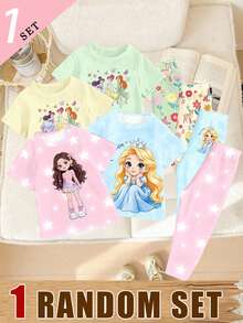 (1 RANDOM SET) Girls' Fashion Cute White Star Long Hair Girl Pattern Printed Basic Short T Plus Bottom Pants Set - Multicolor - View 3