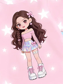 (1 RANDOM SET) Girls' Fashion Cute White Star Long Hair Girl Pattern Printed Basic Short T Plus Bottom Pants Set - Multicolor - View 4