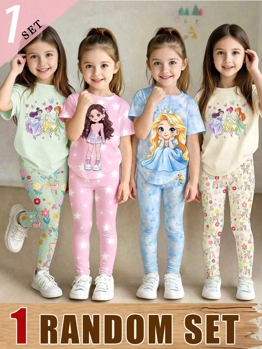 (1 RANDOM SET) Girls' Fashion Cute White Star Long Hair Girl Pattern Printed Basic Short T Plus Bottom Pants Set - Multicolor - View 1