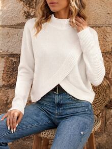 SHEIN Casual Solid Color Stand Collar Wrap Sweater, Autumn/Winter - White - View 3