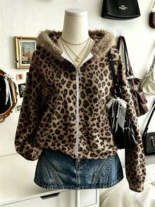 Lalippa Women's Leopard Print Long Sleeve Zip-Up Hooded Sweatshirt - Multicolor - View 1
