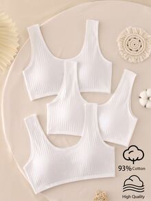 3pcs/Set Teen Girl Minimalist Fashion Pure White Sporty Style Basic Comfortable Ribbed Reversible Sports Tank Top Underwear - White - View 3