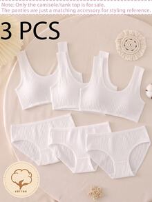 3pcs/Set Teen Girl Minimalist Fashion Pure White Sporty Style Basic Comfortable Ribbed Reversible Sports Tank Top Underwear - White - View 1