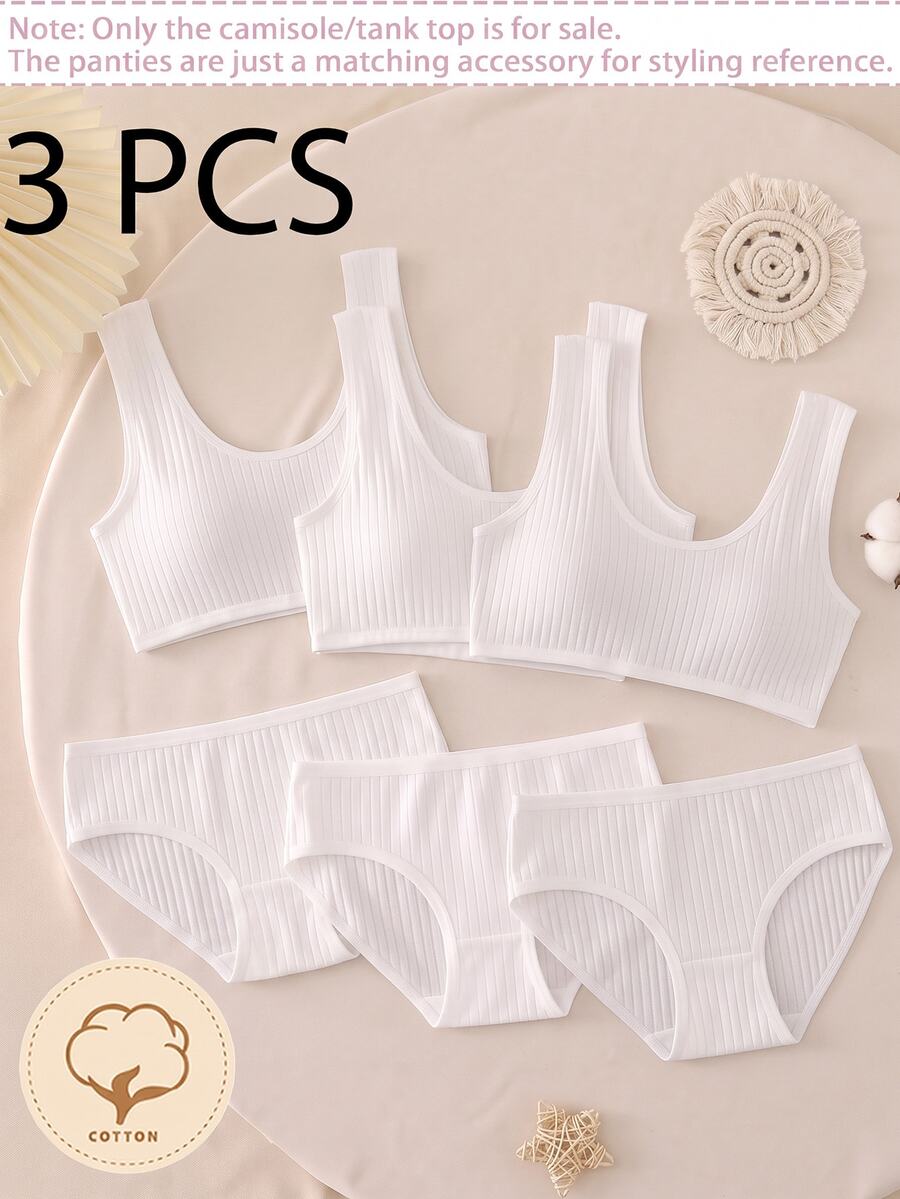 3pcs/Set Teen Girl Minimalist Fashion Pure White Sporty Style Basic Comfortable Ribbed Reversible Sports Tank Top Underwear - White - View 1