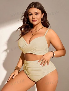SHEIN Swim Curve 大码女式两件套纯色褶皱吊带背心式泳衣套装，时尚简约，适合度假 - 杏色 - 查看 4