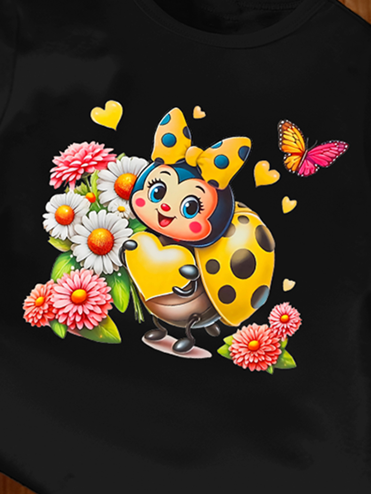SHEIN Spring Summer Autumn Baby Toddler Girls Fashion Creative Minimalist Casual Cute Pink Floral Bee Letter Print Short Sleeve T-Shirt House 1 Random Piece - Yellow - View 3