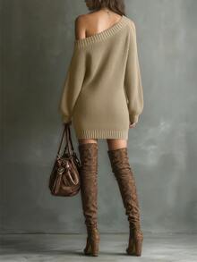 Trelyra Women's Solid Color Asymmetrical Shoulder Fashion Knit Dress For Date And Casual Wear - Camel - View 3