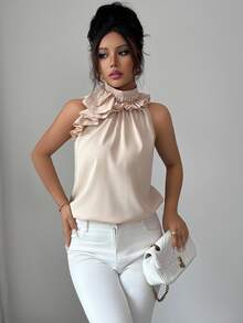 Balvessa Women's Elegant Orange Pink Halter Top With Ruffle Detail And Sleeveless Design Dinner Party Summer - Camel - View 6