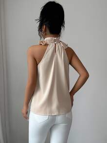 Balvessa Women's Elegant Orange Pink Halter Top With Ruffle Detail And Sleeveless Design Dinner Party Summer - Camel - View 2
