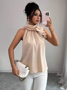 Balvessa Women's Elegant Orange Pink Halter Top With Ruffle Detail And Sleeveless Design Dinner Party Summer - Camel - View 7