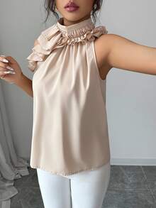 Balvessa Women's Elegant Orange Pink Halter Top With Ruffle Detail And Sleeveless Design Dinner Party Summer - Camel - View 4