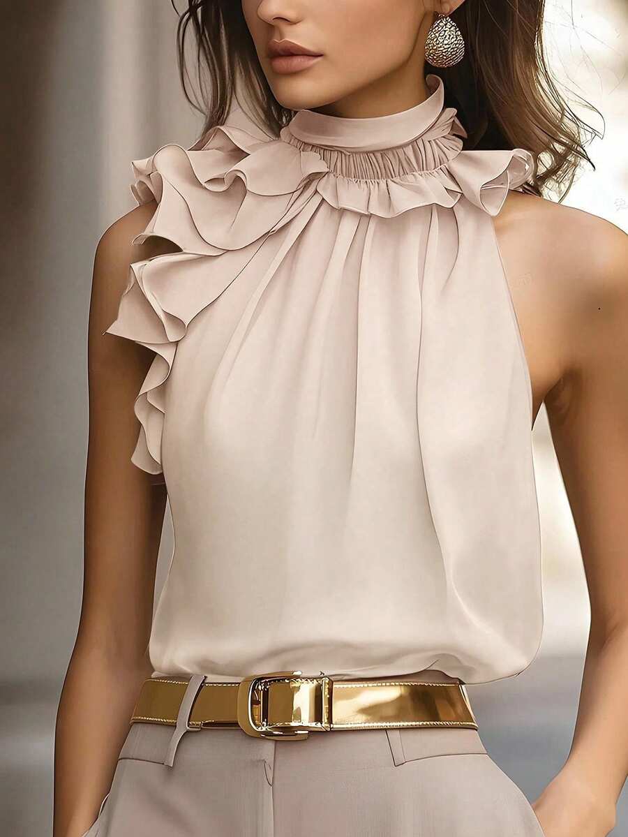 Balvessa Women's Elegant Orange Pink Halter Top With Ruffle Detail And Sleeveless Design Dinner Party Summer - Camel - View 1