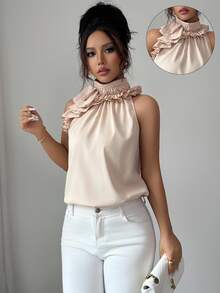 Balvessa Women's Elegant Orange Pink Halter Top With Ruffle Detail And Sleeveless Design Dinner Party Summer - Camel - View 3