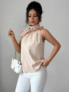 Balvessa Women's Elegant Orange Pink Halter Top With Ruffle Detail And Sleeveless Design Dinner Party Summer - Camel - View 5