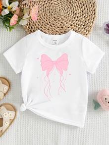 SHEIN 春夏休闲时尚创意个性清新简约可爱卡通粉色蝴蝶结爱心字母印花基础款白色短款T恤，舒适日常穿着，温暖的夏秋款式，适合女童春、夏、秋季穿着。 - 白色 - 查看 3