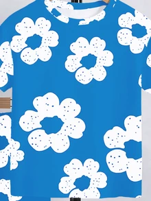 SHEIN Coolqubz Conjunto de camiseta básica de manga corta y pantalones cortos con estampado de flores blancas grandes sobre base azul, de estilo minimalista y personalidad creativa, para niños, para uso casual en primavera y verano, cómodo para el uso diario - Multicolor - Ver 6