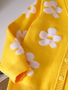 SHEIN Baby Girls Floral Decor Button-Up Long Sleeve Cardigan Sweater Autumn Fall - Yellow - View 4