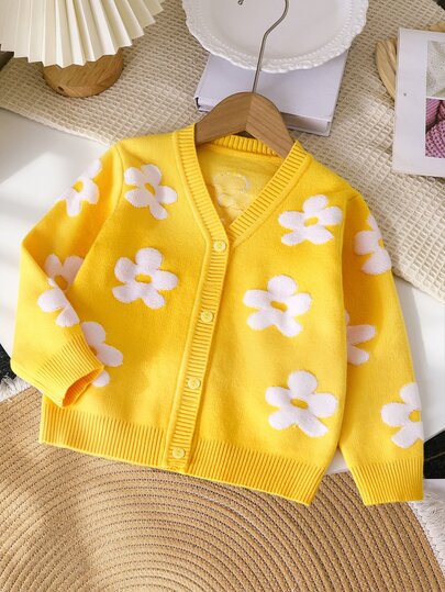 SHEIN Baby Girls Floral Decor Button-Up Long Sleeve Cardigan Sweater Autumn Fall