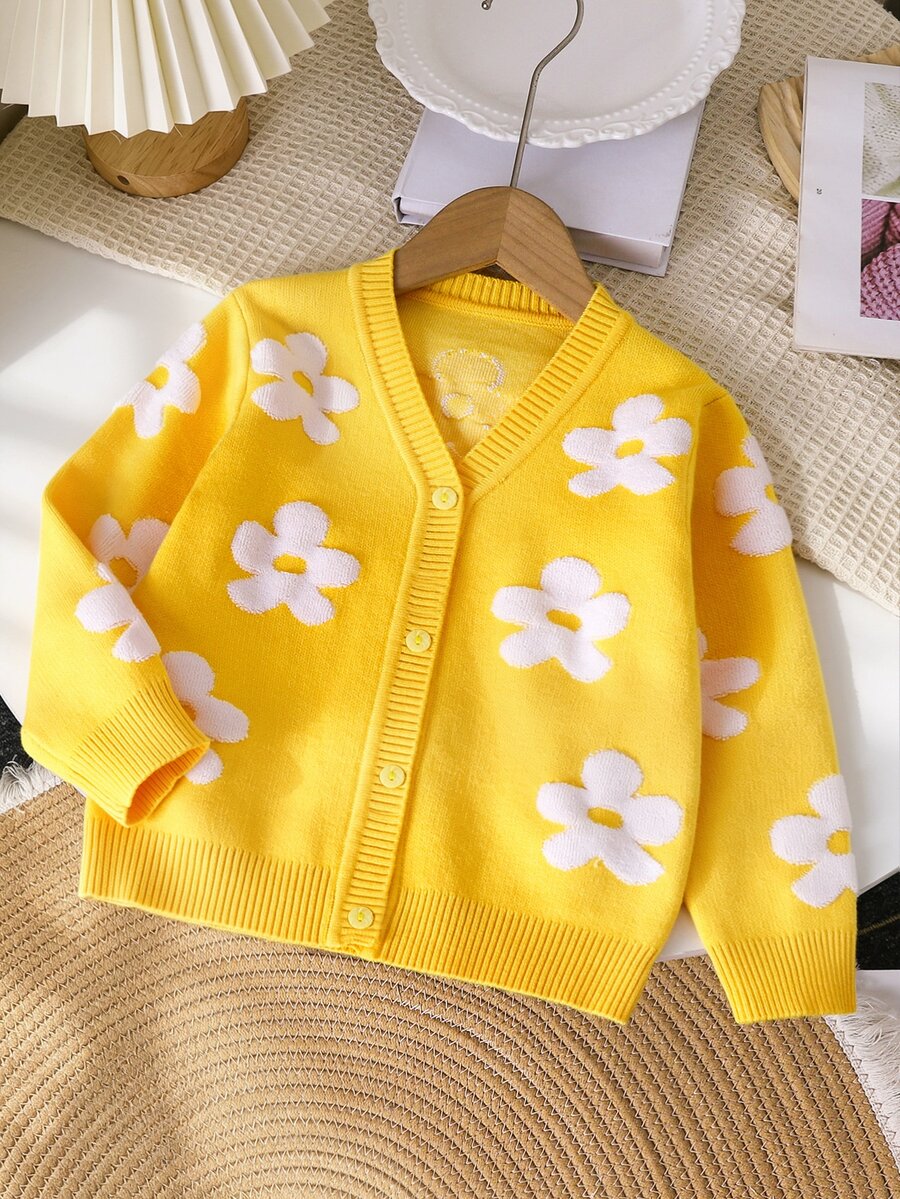SHEIN Baby Girls Floral Decor Button-Up Long Sleeve Cardigan Sweater Autumn Fall