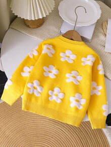 SHEIN Baby Girls Floral Decor Button-Up Long Sleeve Cardigan Sweater Autumn Fall - Yellow - View 3
