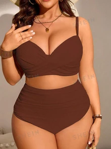 SHEIN Swim Curve 大码女式两件套纯色褶皱吊带比基尼泳衣套装，时尚简约，适合度假穿着 - 棕色 - 查看 5