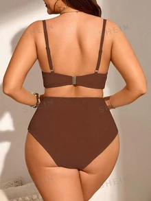 SHEIN Swim Curve 大码女式两件套纯色褶皱吊带比基尼泳衣套装，时尚简约，适合度假穿着 - 棕色 - 查看 2
