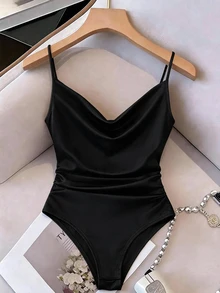 GlowEve 女士时尚休闲垂褶领无袖吊带背心，适合日常穿着的纯色连体衣，女士黑色连体衣，缎面连体衣 - 黑色 - 查看 1