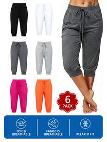 EMERY ROSE Plus Size Women 6‑Pack Drawstring Capri Jogger Pants, Soft Breathable Elastic Waist Cropped Sweatpants, Relaxed Fit Casual LoungewearWorkoutCapriPants - White - View 3