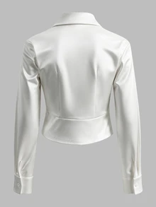 SHEIN LUNE 女款高級白色緞面短版襯衫，2合1上衣，修飾腰線顯瘦上衣 - 白色 - 查看 2