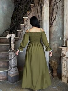 Lyrianda Gaun Elegan Lengan Panjang Bahu Terbuka dengan Desain Ikat dan Kain Jacquard Ukuran Plus untuk Wanita, Cocok untuk Musim Gugur. - Olive Green - View 2