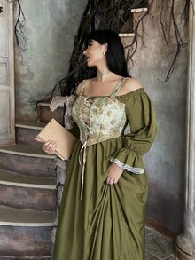 Lyrianda Gaun Elegan Lengan Panjang Bahu Terbuka dengan Desain Ikat dan Kain Jacquard Ukuran Plus untuk Wanita, Cocok untuk Musim Gugur. - Olive Green - View 6