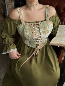 Lyrianda Gaun Elegan Lengan Panjang Bahu Terbuka dengan Desain Ikat dan Kain Jacquard Ukuran Plus untuk Wanita, Cocok untuk Musim Gugur. - Olive Green - View 4