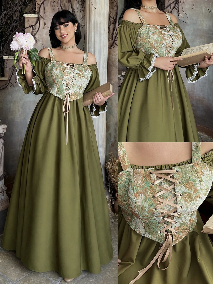 Lyrianda Gaun Elegan Lengan Panjang Bahu Terbuka dengan Desain Ikat dan Kain Jacquard Ukuran Plus untuk Wanita, Cocok untuk Musim Gugur. - Olive Green - View 1