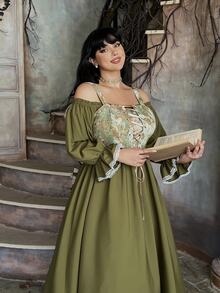 Lyrianda Gaun Elegan Lengan Panjang Bahu Terbuka dengan Desain Ikat dan Kain Jacquard Ukuran Plus untuk Wanita, Cocok untuk Musim Gugur. - Olive Green - View 3