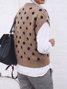 Elouméa 秋冬新款卡其色波點休閒優雅復古慵懶針織背心女款針織上衣，適合休閒日常通勤居家辦公穿著，女款優雅針織上衣 - 卡其色 - 查看 2