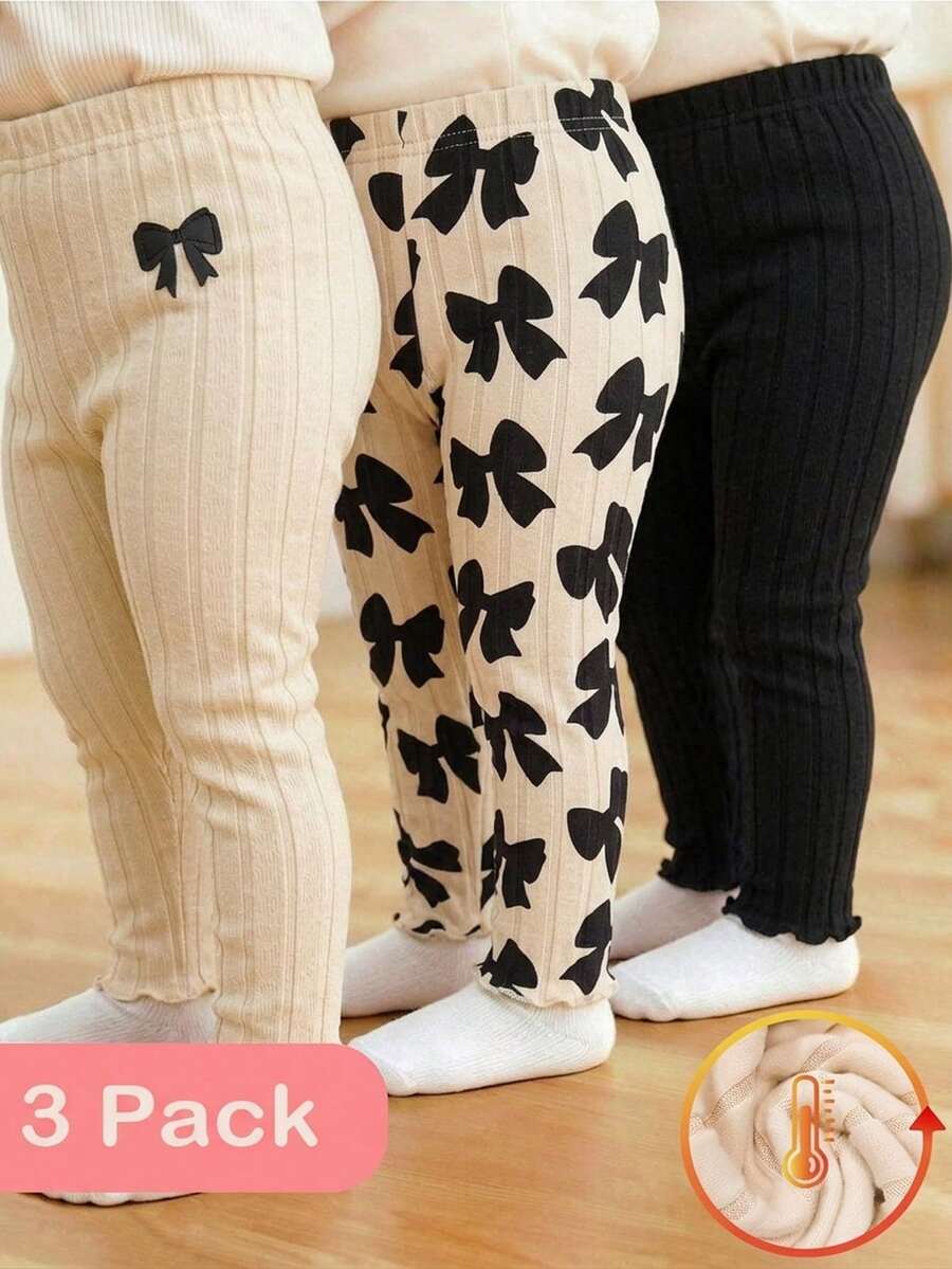 SHEIN Playful Pals 3件裝女孩內搭褲，黑色，蝴蝶印花，杏色，簡約甜美風，直筒寬鬆版型，夏秋日常，外出穿搭