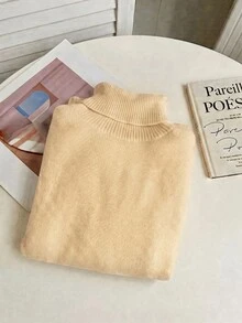 Franclia 歐美秋冬時尚高領加厚抓絨連身修身長袖針織內搭衣，米色休閒居家日常款 - 杏色 - 查看 7