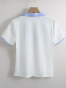 Resyla 女士休闲V领条纹短袖衬衫，适合日常穿着、派对、通勤、下午茶、春夏穿着。白色和蓝色学院风上衣，纯棉上衣，女士夏季翻领衬衫，女士翻领衬衫，女士办公上衣，哺乳衬衫，双层上衣，工作衬衫，女士白色上衣，女士上衣和衬衫，YSK服装，工作衬衫，女士夏季衬衫，女士休闲现代衬衫，女士纯棉上衣，女士Polo衫，优雅女士衬衫和上衣。 - 彩色 - 查看 2