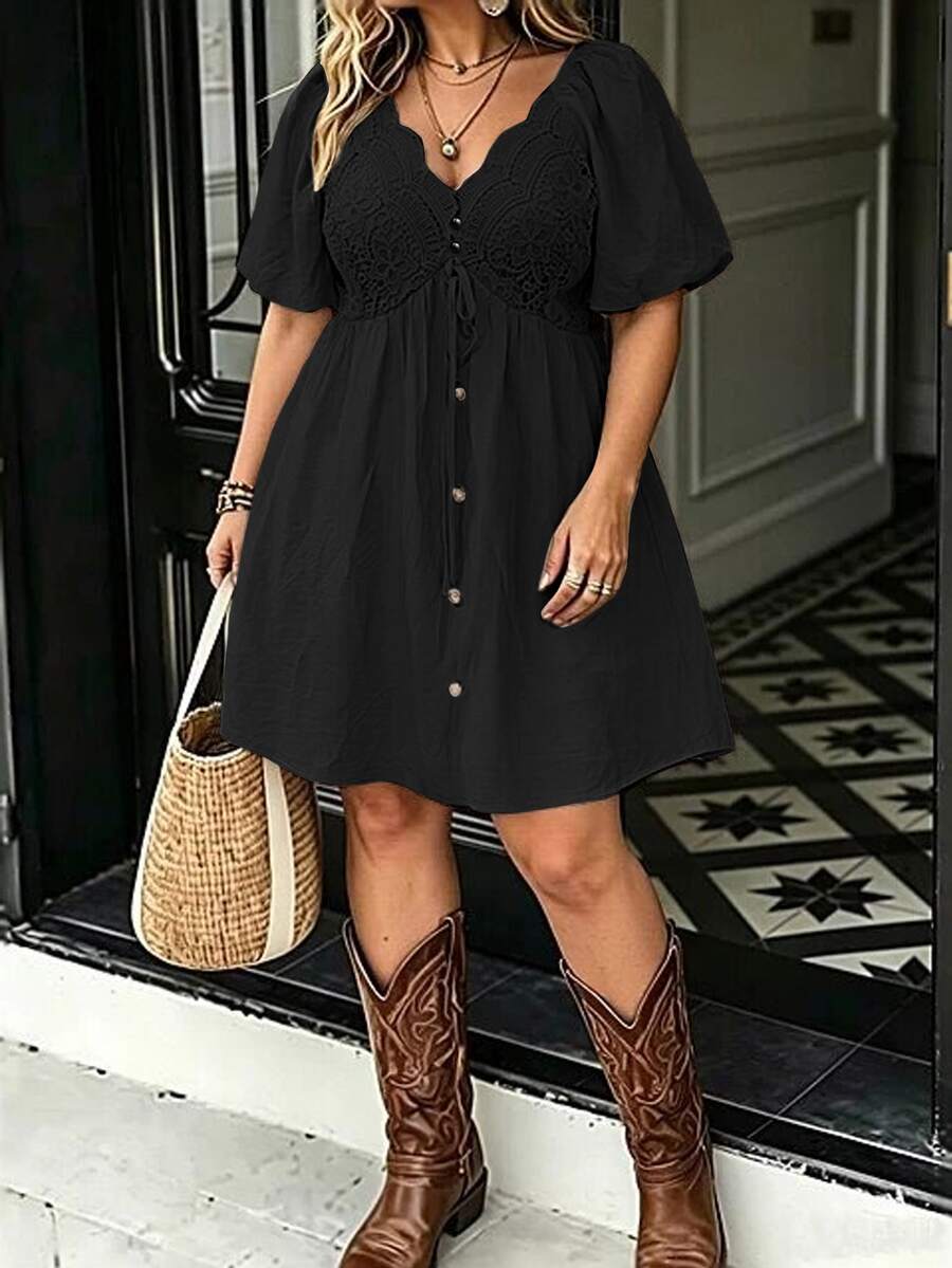 LanaWest CURVE Plus Size Spring/Summer Contrast Lace Vacation Dress - Black - View 1