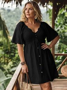 LanaWest CURVE Plus Size Spring/Summer Contrast Lace Vacation Dress - Black - View 4
