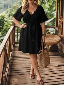 LanaWest CURVE Plus Size Spring/Summer Contrast Lace Vacation Dress - Black - View 3