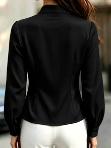 SHEIN Jaket Wanita Elegan Musim Gugur/Dingin, Kerah Tegak, Ramping, Patchwork Renda, Cocok untuk Perjalanan Sehari-hari, Pesta Makan Malam, Warna Hitam - Hitam - View 2
