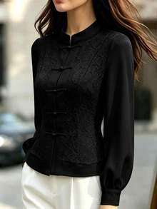 SHEIN Jaket Wanita Elegan Musim Gugur/Dingin, Kerah Tegak, Ramping, Patchwork Renda, Cocok untuk Perjalanan Sehari-hari, Pesta Makan Malam, Warna Hitam - Hitam - View 8