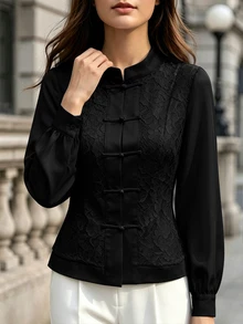 SHEIN Jaket Wanita Elegan Musim Gugur/Dingin, Kerah Tegak, Ramping, Patchwork Renda, Cocok untuk Perjalanan Sehari-hari, Pesta Makan Malam, Warna Hitam - Hitam - View 7