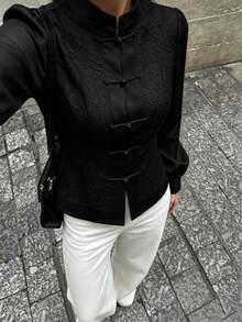 SHEIN Jaket Wanita Elegan Musim Gugur/Dingin, Kerah Tegak, Ramping, Patchwork Renda, Cocok untuk Perjalanan Sehari-hari, Pesta Makan Malam, Warna Hitam - Hitam - View 4