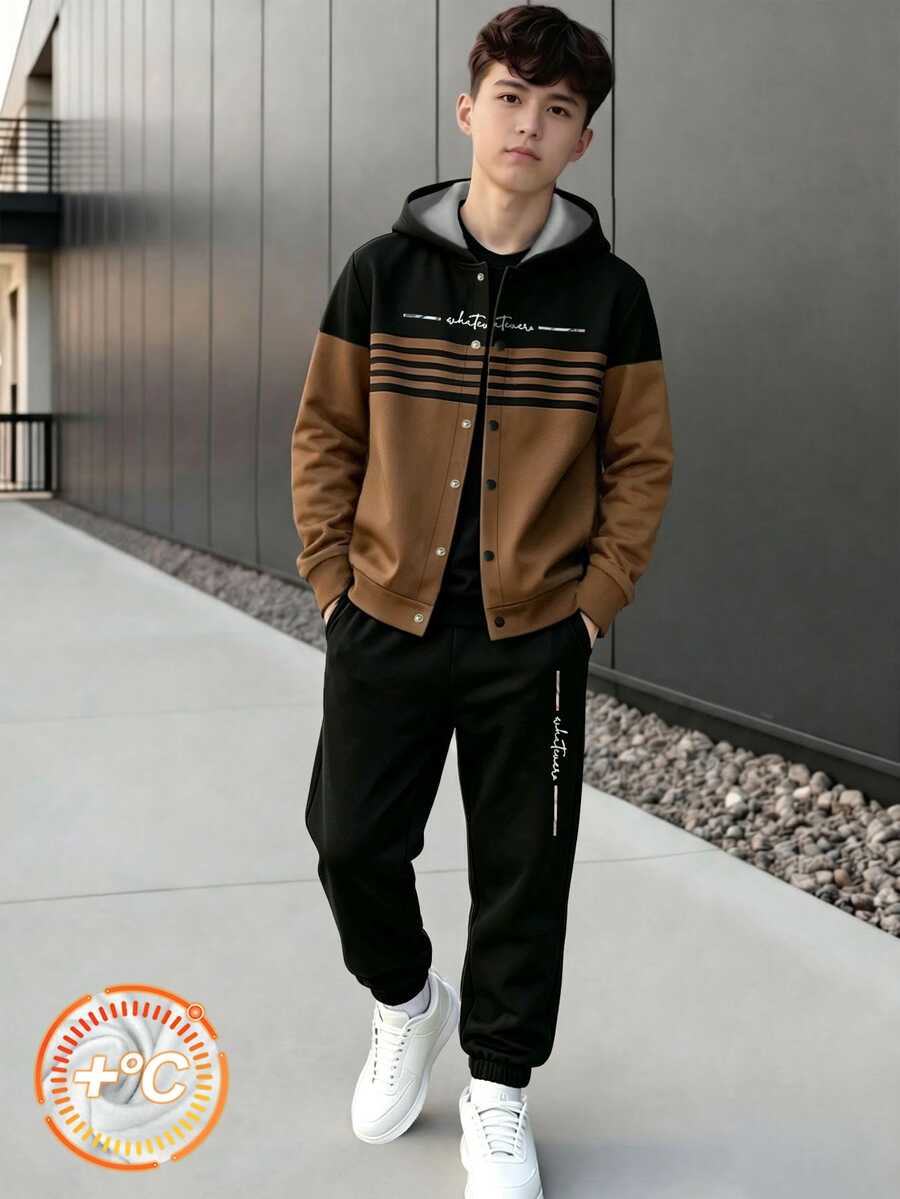 Vacaura 秋冬青少年2件式外套套裝,印花多色條紋夾克配四扣連帽,搭配黑色收口長褲,休閒酷感街頭風男童穿搭 - 彩色 - 查看 1