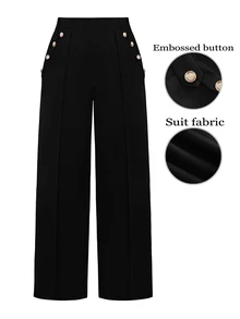 EMERY ROSE CURVE بنطلون فضفاض واسع الساق للسيدات بمقاسات كبيرة مناسب للأعمال والكاجوال مع تصميم أزرار - الأسود - مشاهدة 1